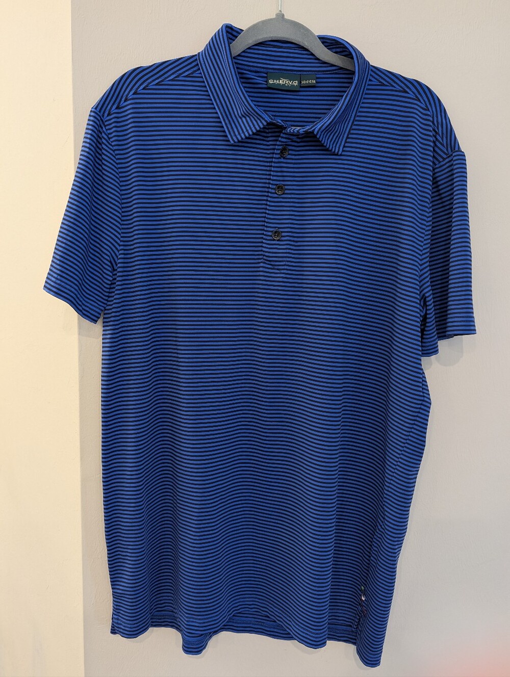 Chervo Sport Italian Golf Shirt Royal & Black Striped Men's Size 46 Or XXL